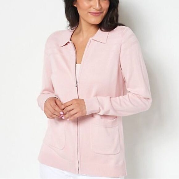 Isaac Mizrahi Live! Zip Front Collared Sweater Cardigan - Picture 2 of 7